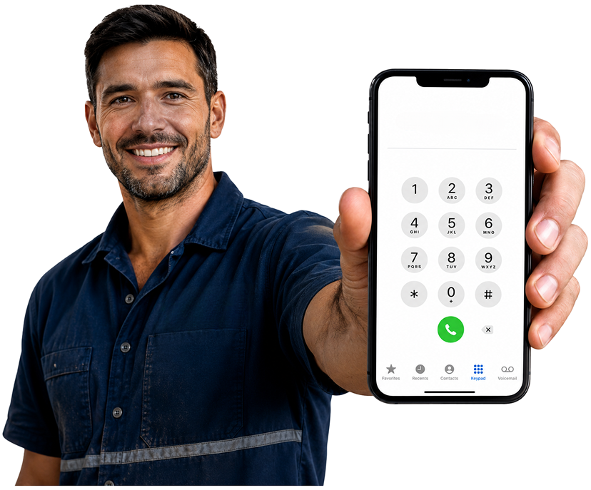 Roseville Blocked Drains plumber holding a phone — call 1300 261 965