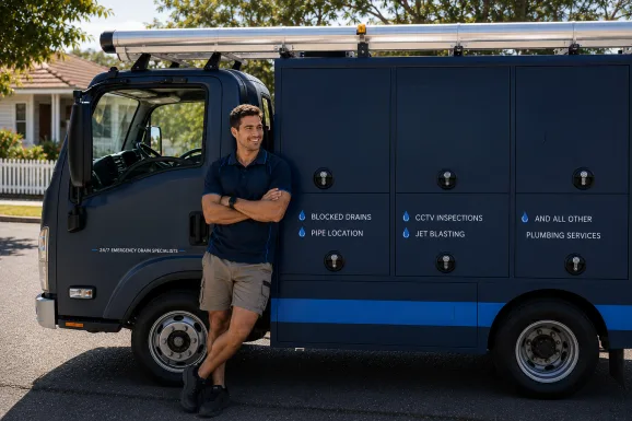 Plumber standing beside a service van in Roseville