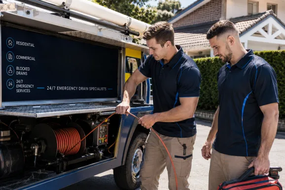 Two plumbers working on a blocked drain in Roseville