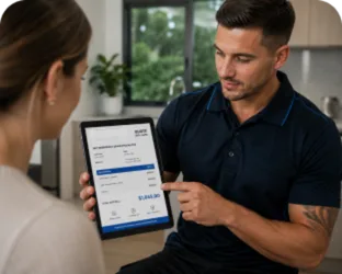 Plumber showing a Roseville customer the quote on a tablet