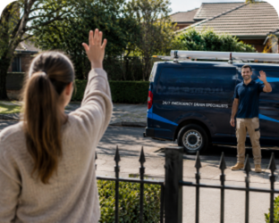 Customer waving goodbye to a Roseville Blocked Drains plumber